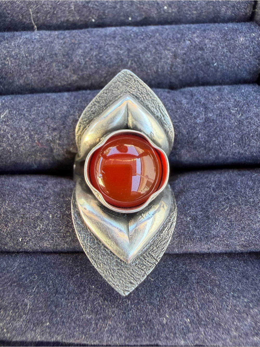 Antique Handcrafted Silver Leaf Ring with Red Carnelian Cabochon